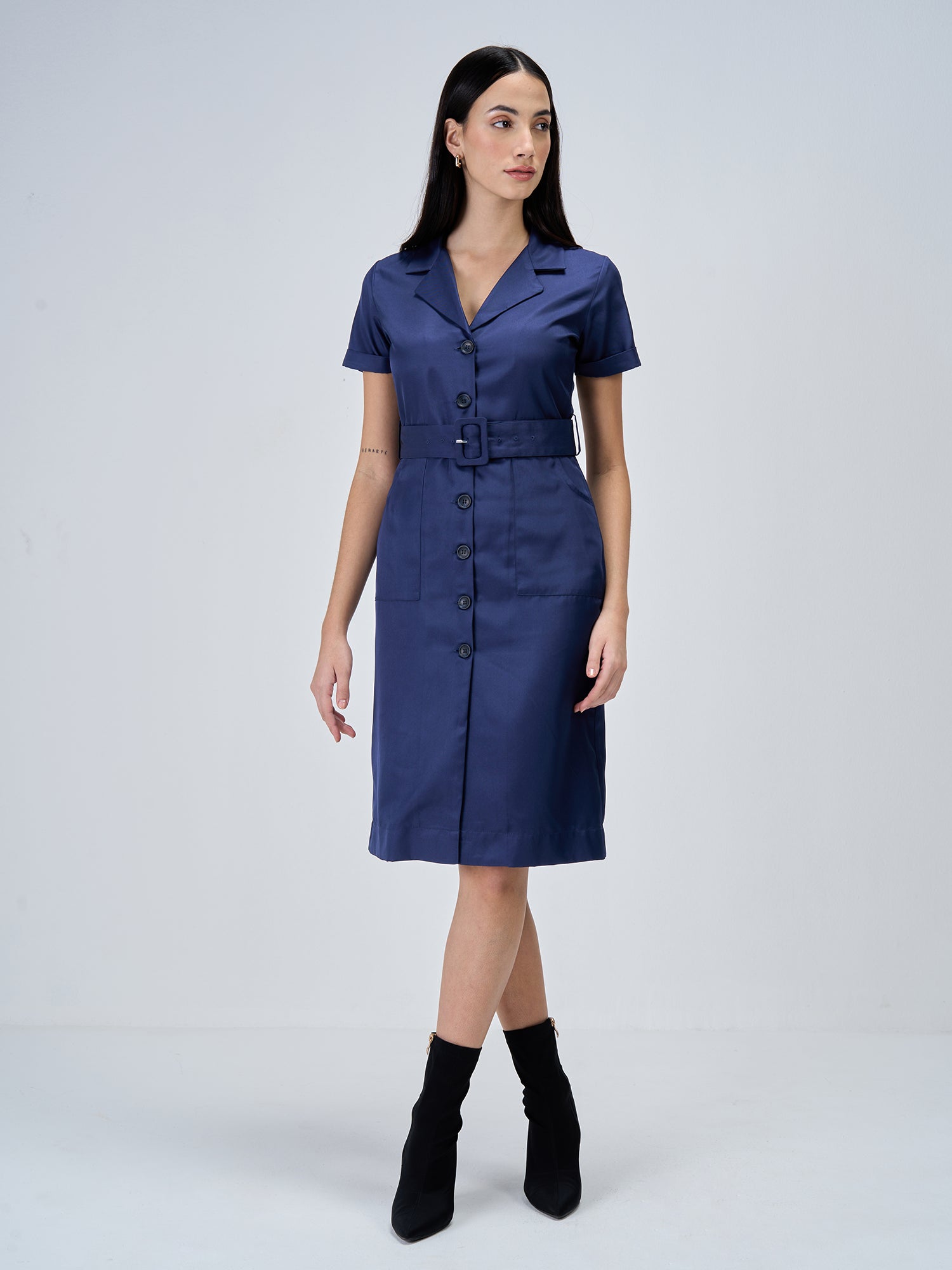 Kate-Navy Belted Shirt Dress-Navy