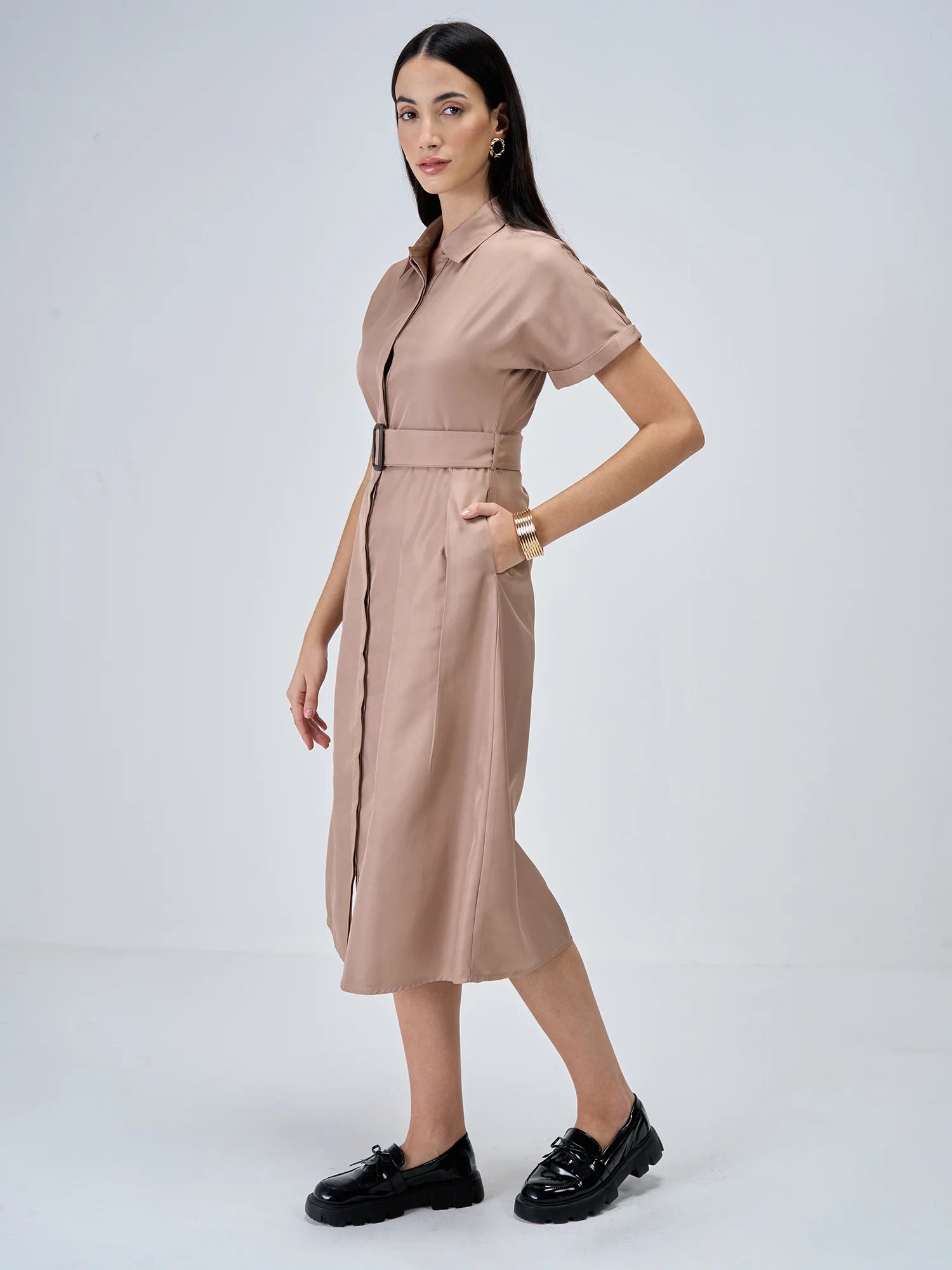 Beverly Fit and Flared Shirt Dress-Dusty Peach