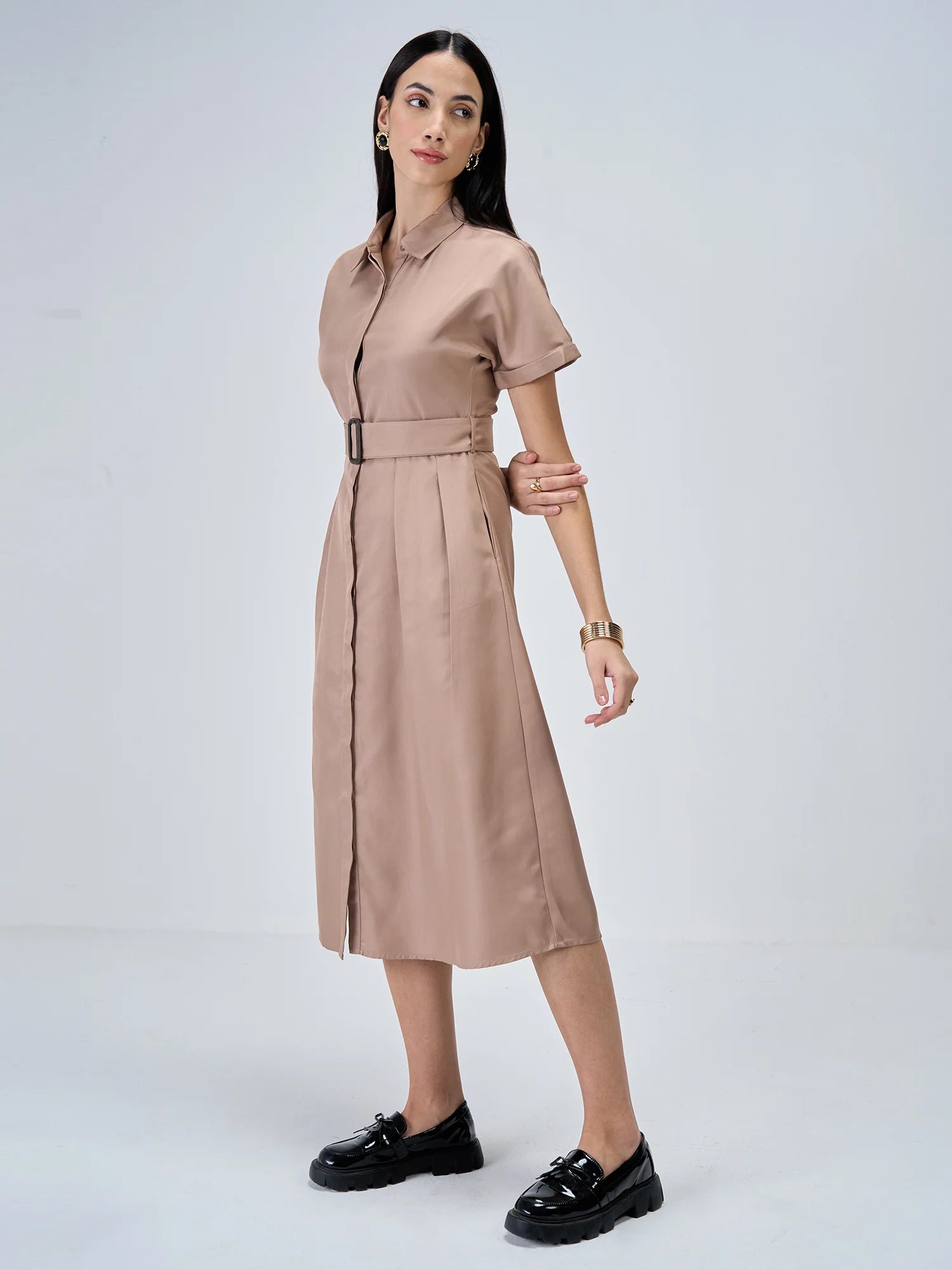 Beverly Fit and Flared Shirt Dress-Dusty Peach