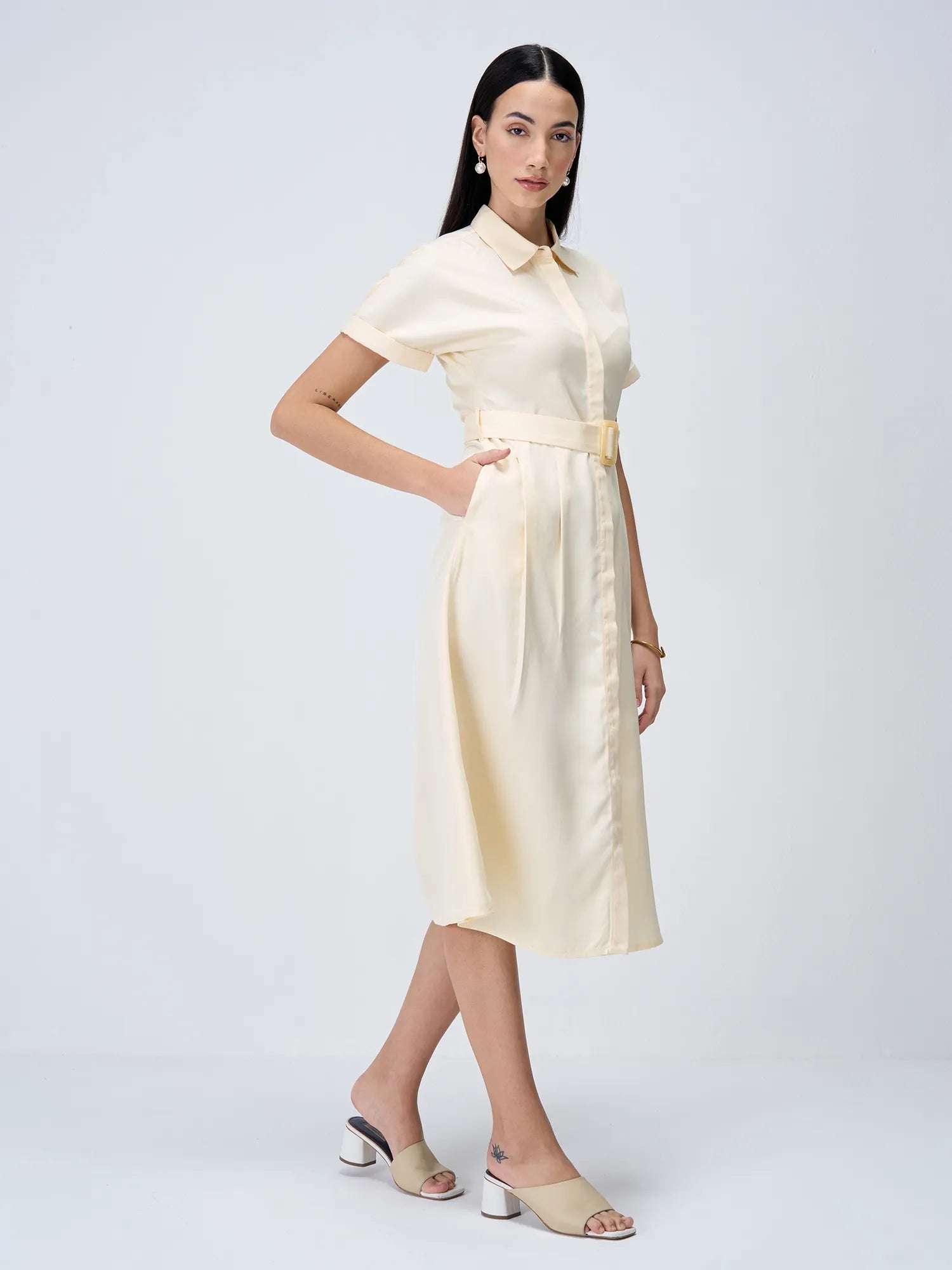 Beverly Fit and Flared Shirt Dress-Cream