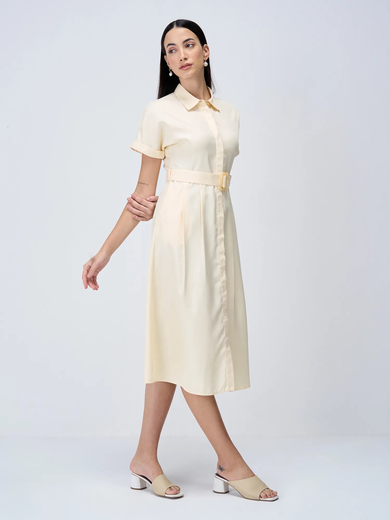 Beverly Fit and Flared Shirt Dress-Cream