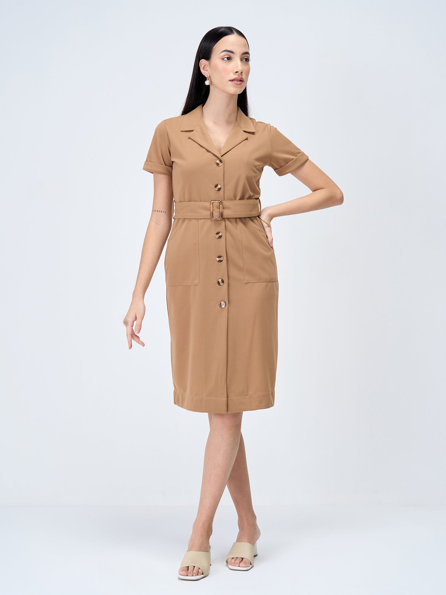 Kate-Fawn Belted Shirt Dress-Fawn