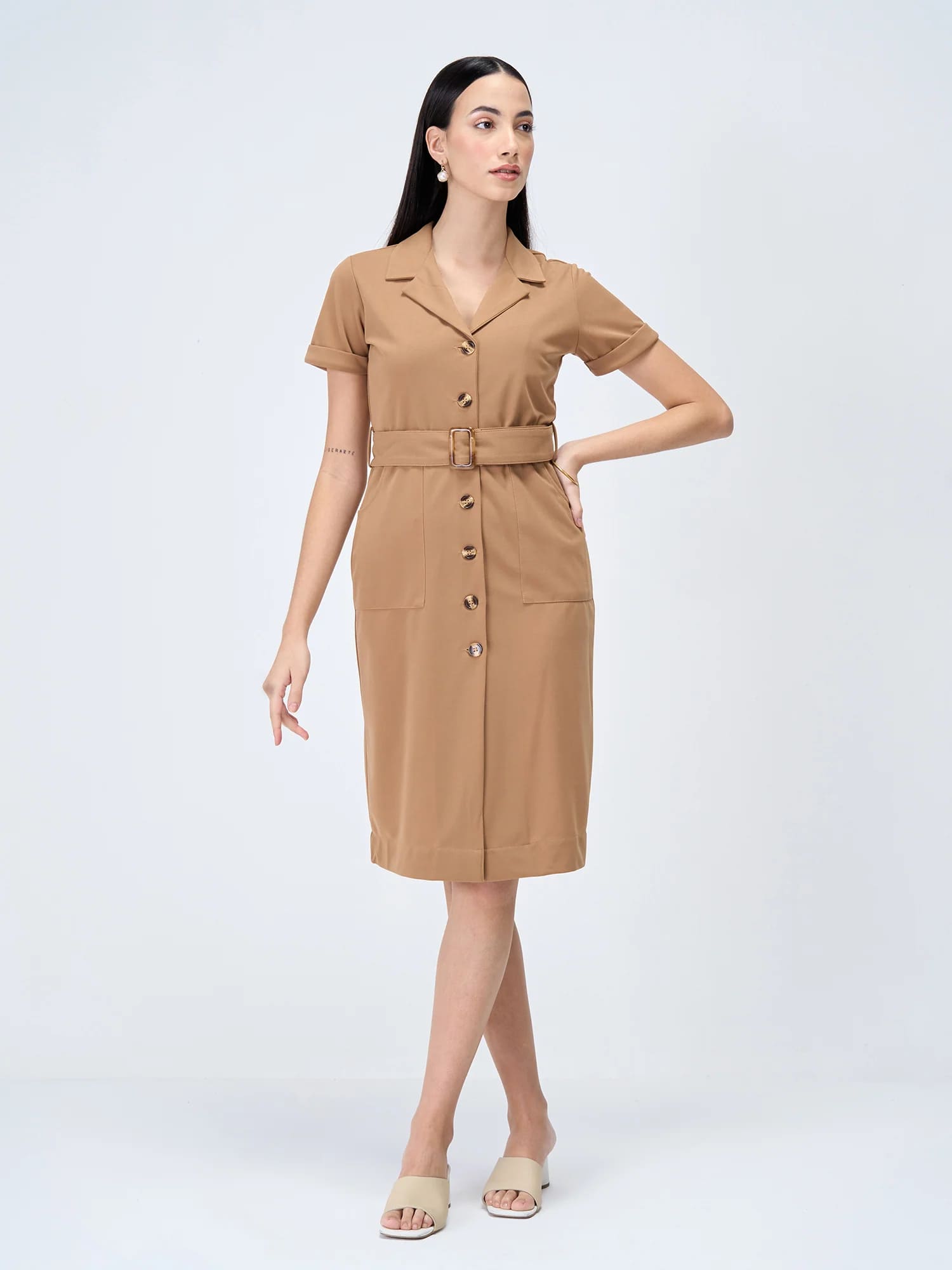 Kate-Fawn Belted Shirt Dress-Fawn