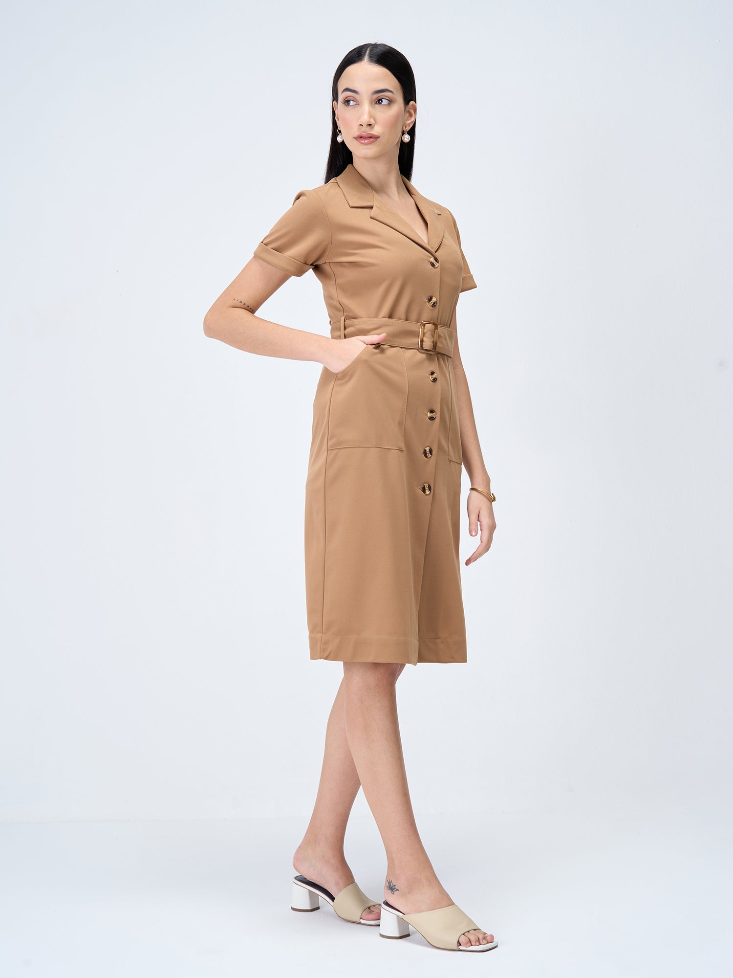 Kate-Fawn Belted Shirt Dress-Fawn