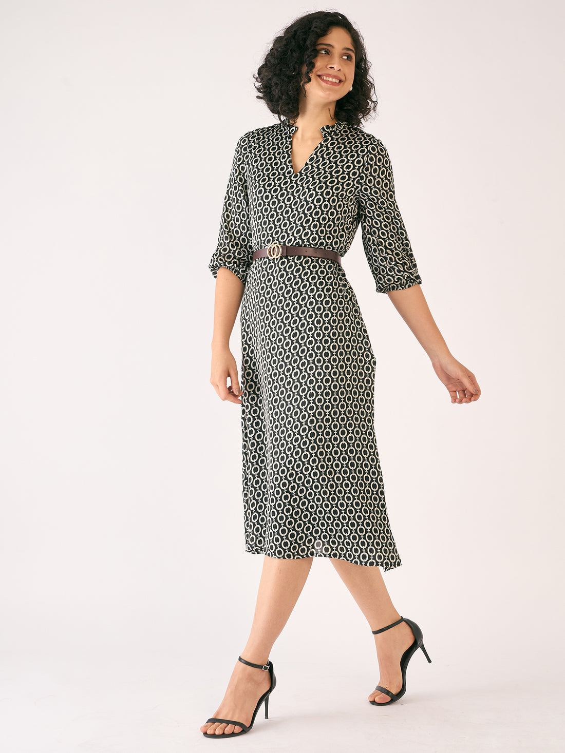 Nexus Geometric Midi Dress - Black &amp; Ivory