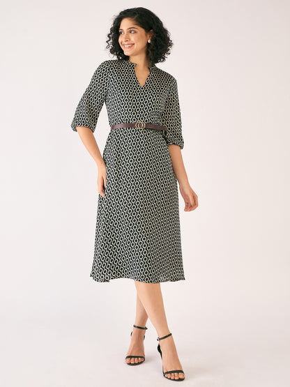 Nexus Geometric Midi Dress - Black &amp; Ivory