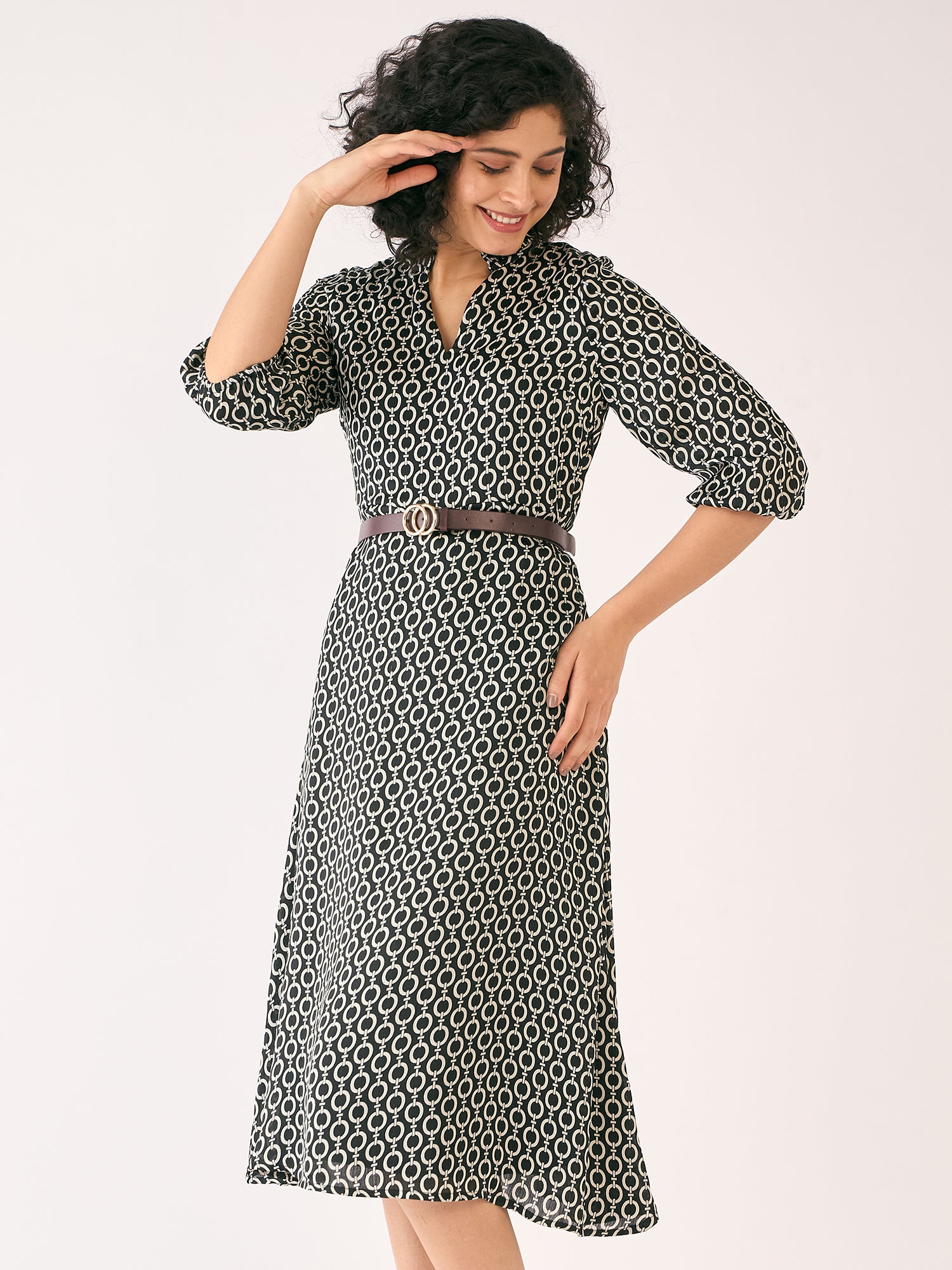 Nexus Geometric Midi Dress - Black &amp; Ivory