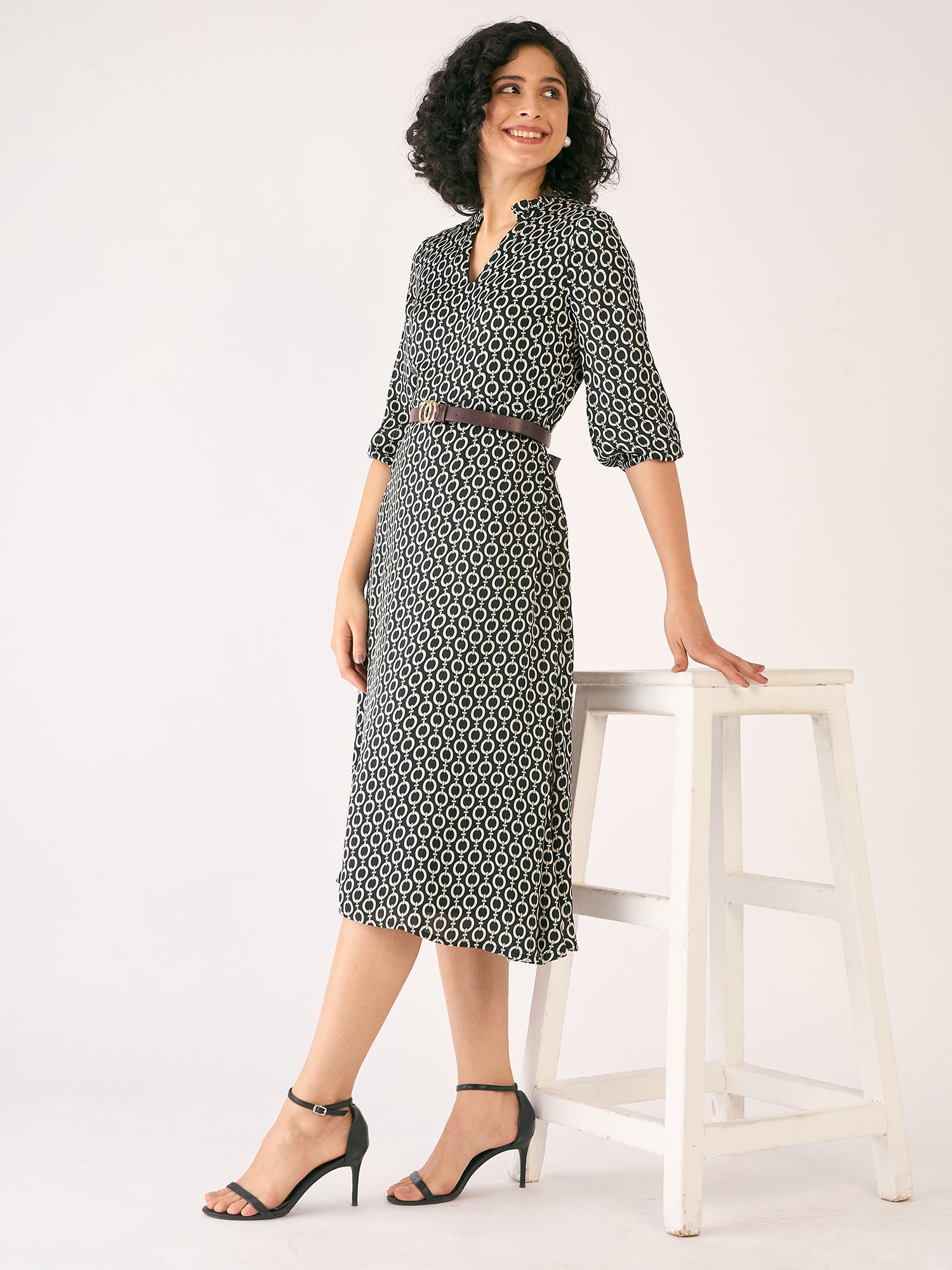 Nexus Geometric Midi Dress - Black &amp; Ivory