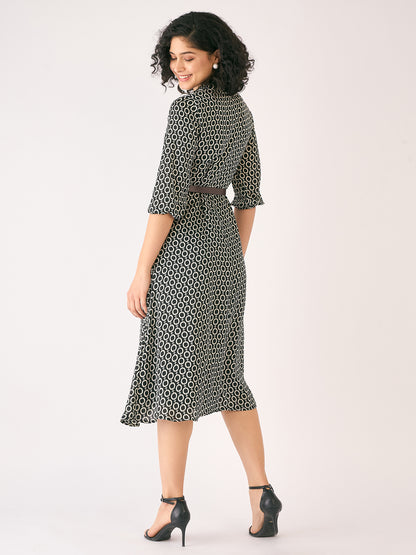 Nexus Geometric Midi Dress - Black &amp; Ivory
