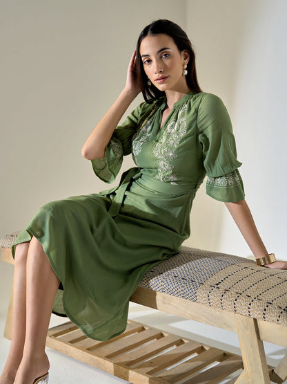 Forest Finesse Embroidered A-Line Dress-Olive/White