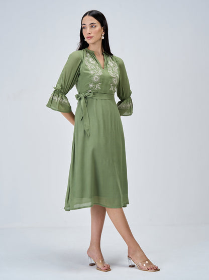 Forest Finesse Embroidered A-Line Dress-Olive/White