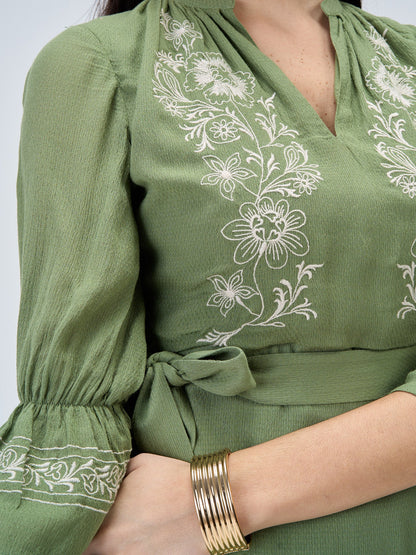 Forest Finesse Embroidered A-Line Dress-Olive/White