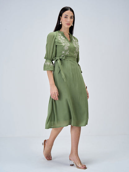 Forest Finesse Embroidered A-Line Dress-Olive/White