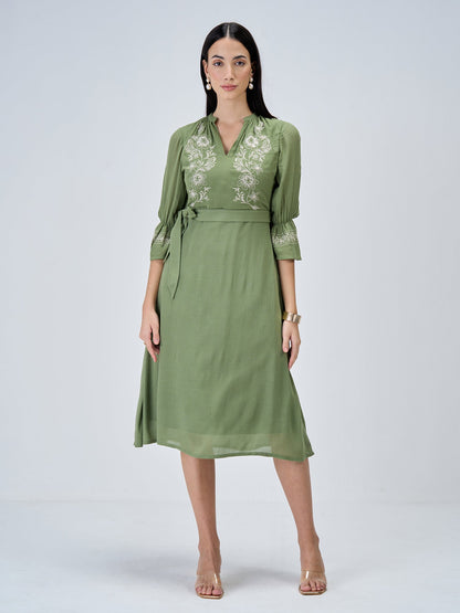 Forest Finesse Embroidered A-Line Dress-Olive/White