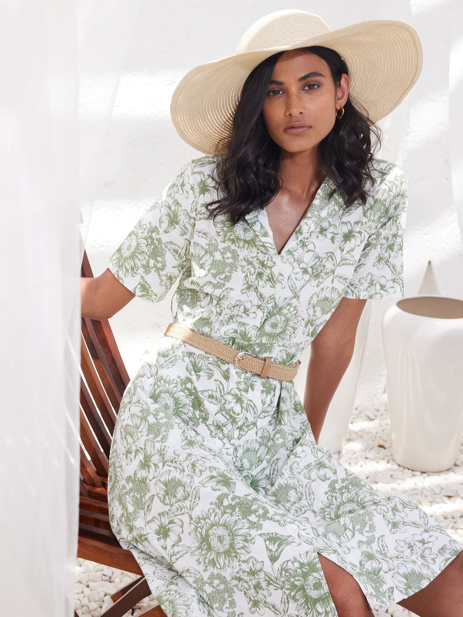 Pinnaca Floral Shirt Dress-Sage/White