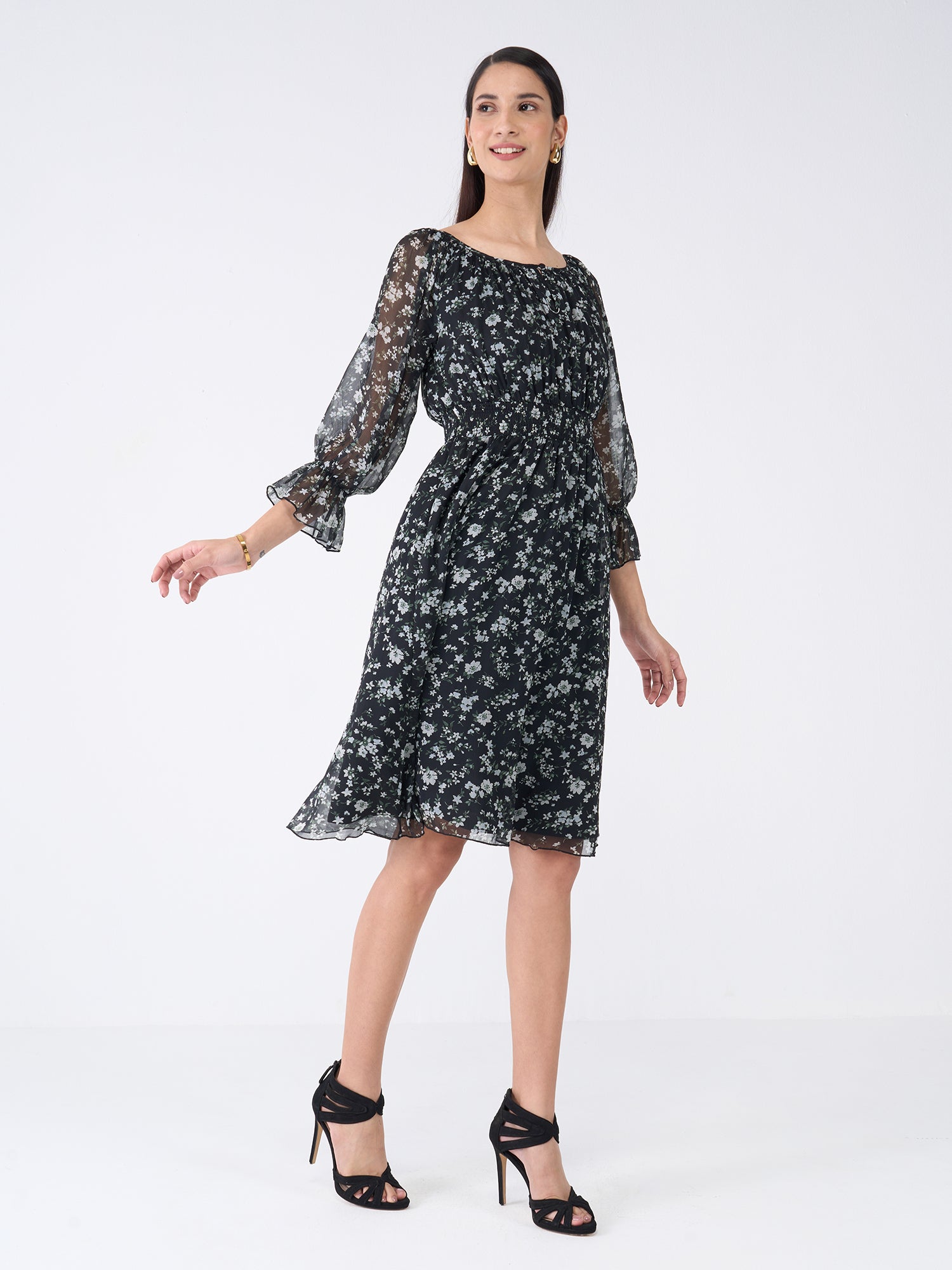 Clary Floral Fit and Flared Dress-Black/White