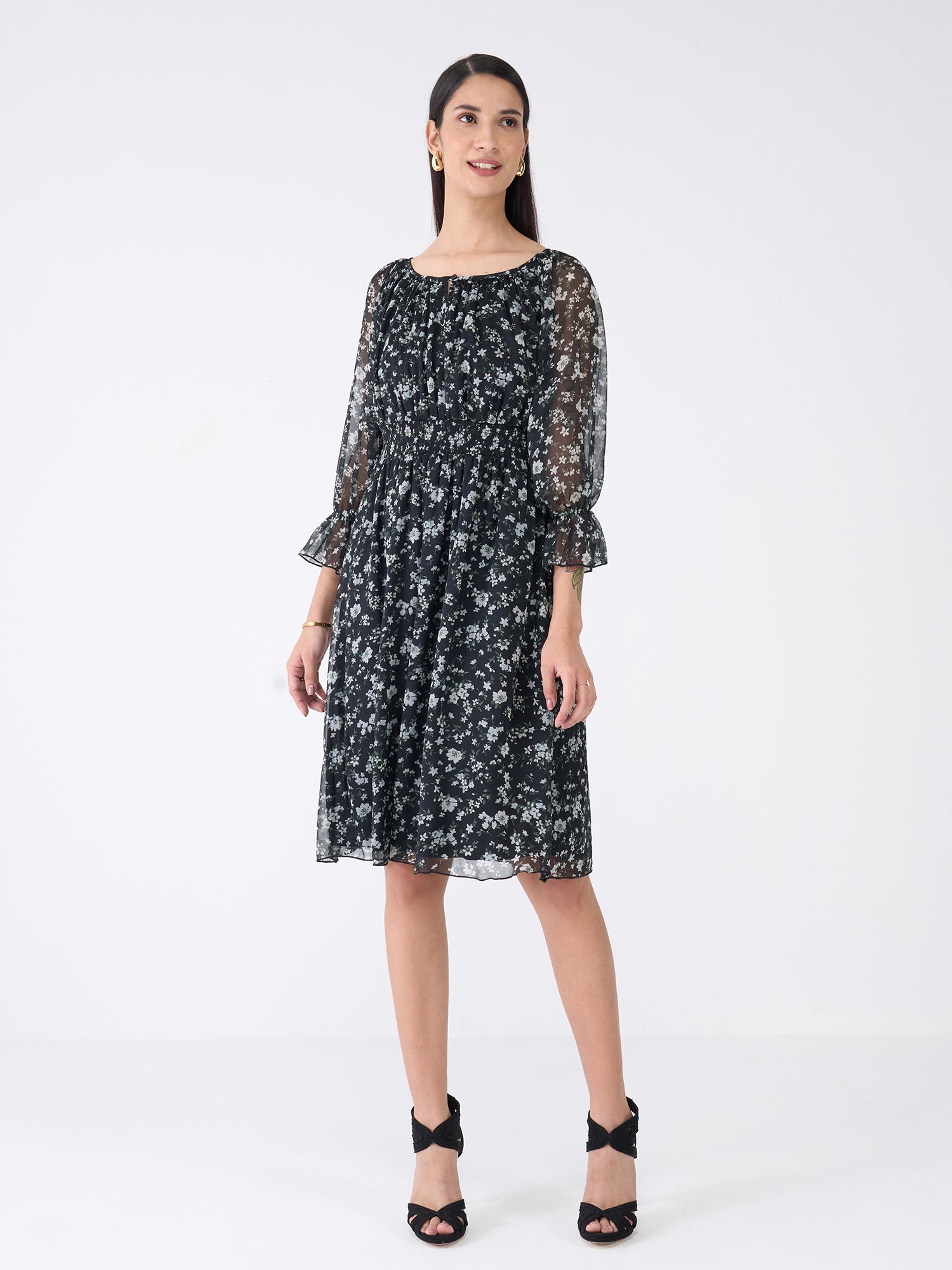 Clary Floral Fit and Flared Dress-Black/White