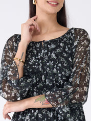 Clary Floral Fit and Flared Dress-Black/White