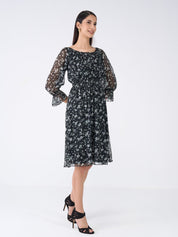 Clary Floral Fit and Flared Dress-Black/White