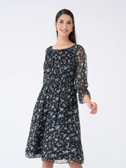 Clary Floral Fit and Flared Dress-Black/White