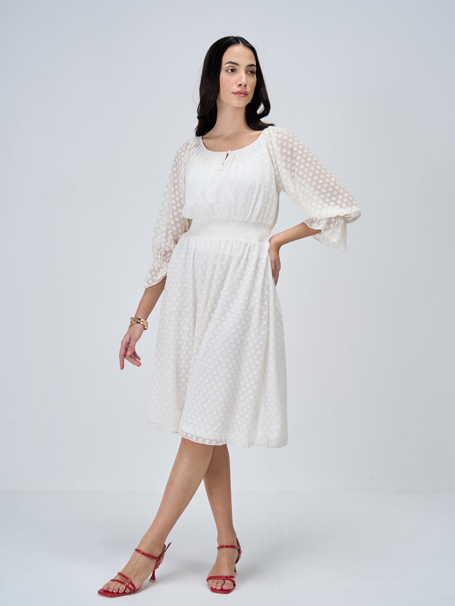 Kella Polka Fit and Flared Dress-White