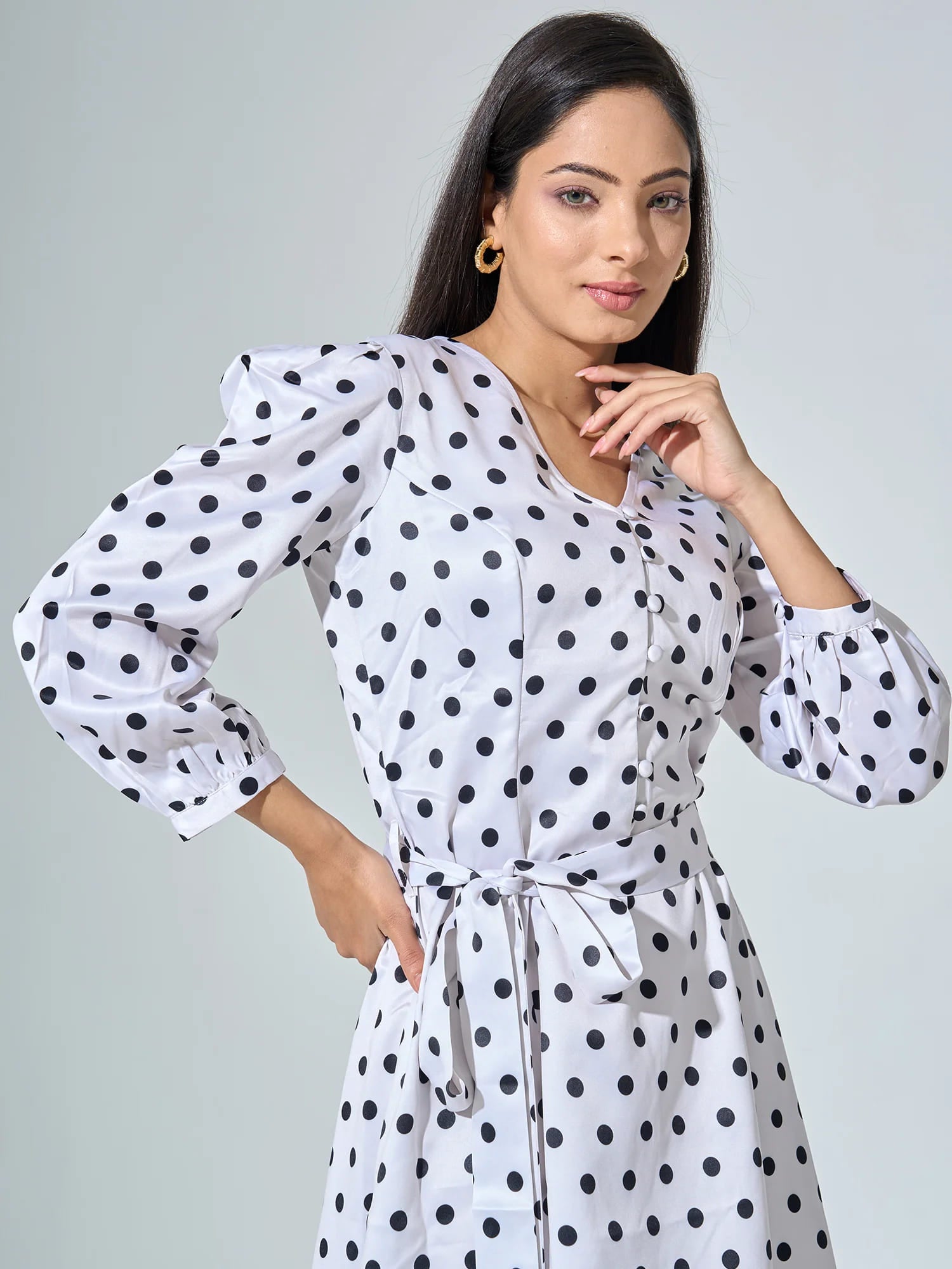 Lottie Polka Print Belted Dress - White Polka