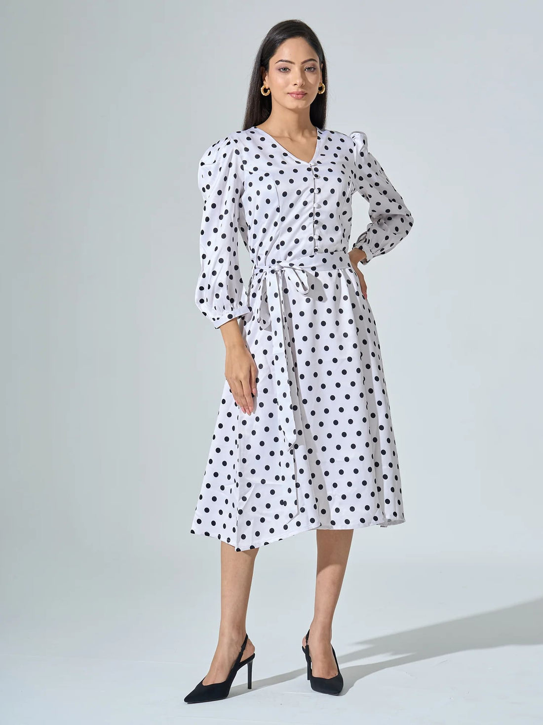 Lottie Polka Print Belted Dress - White Polka