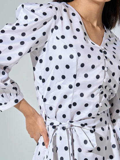 Lottie Polka Print Belted Dress - White Polka
