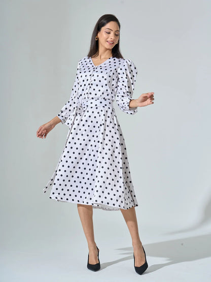 Lottie Polka Print Belted Dress - White Polka