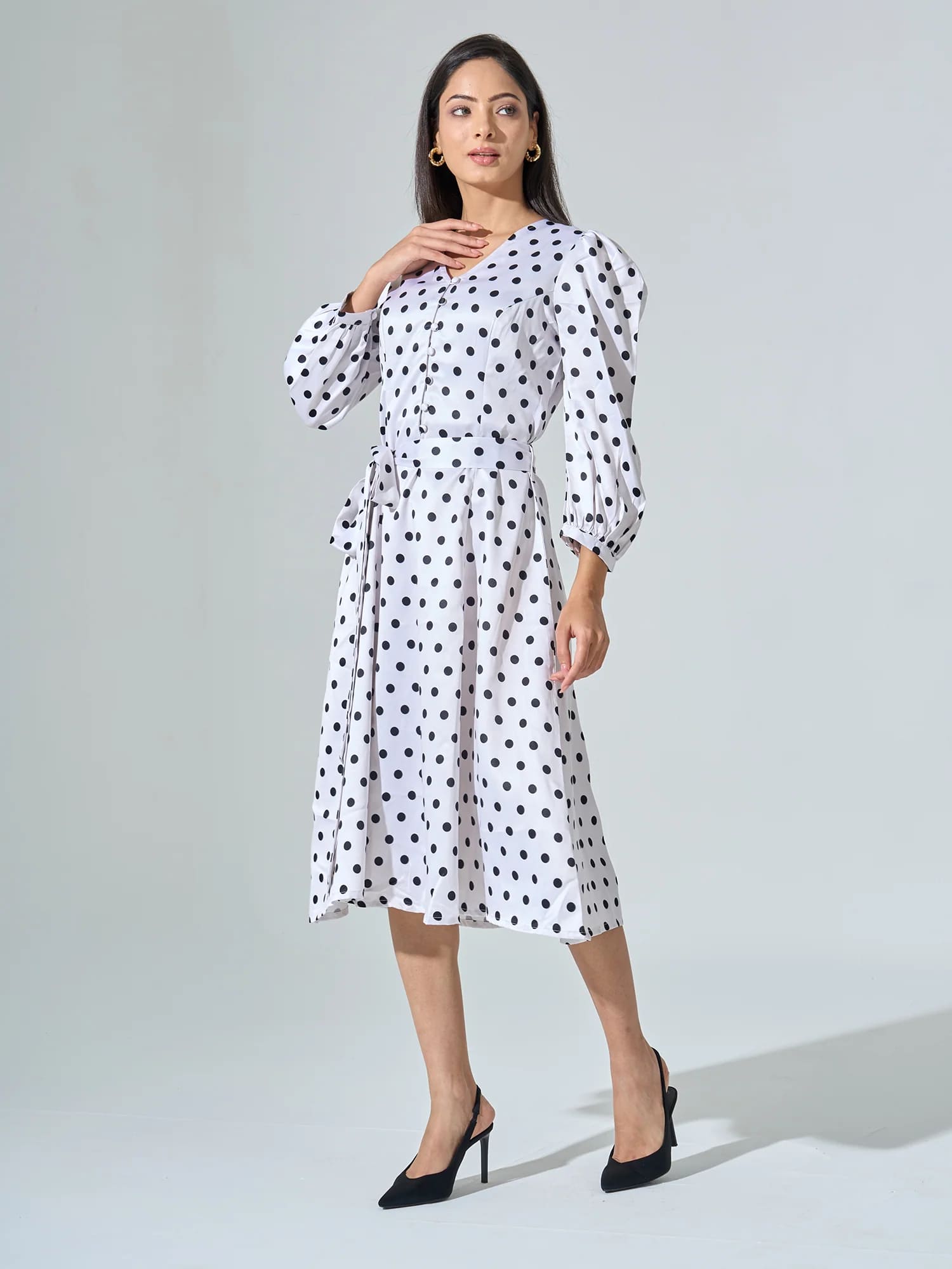 Lottie Polka Print Belted Dress - White Polka