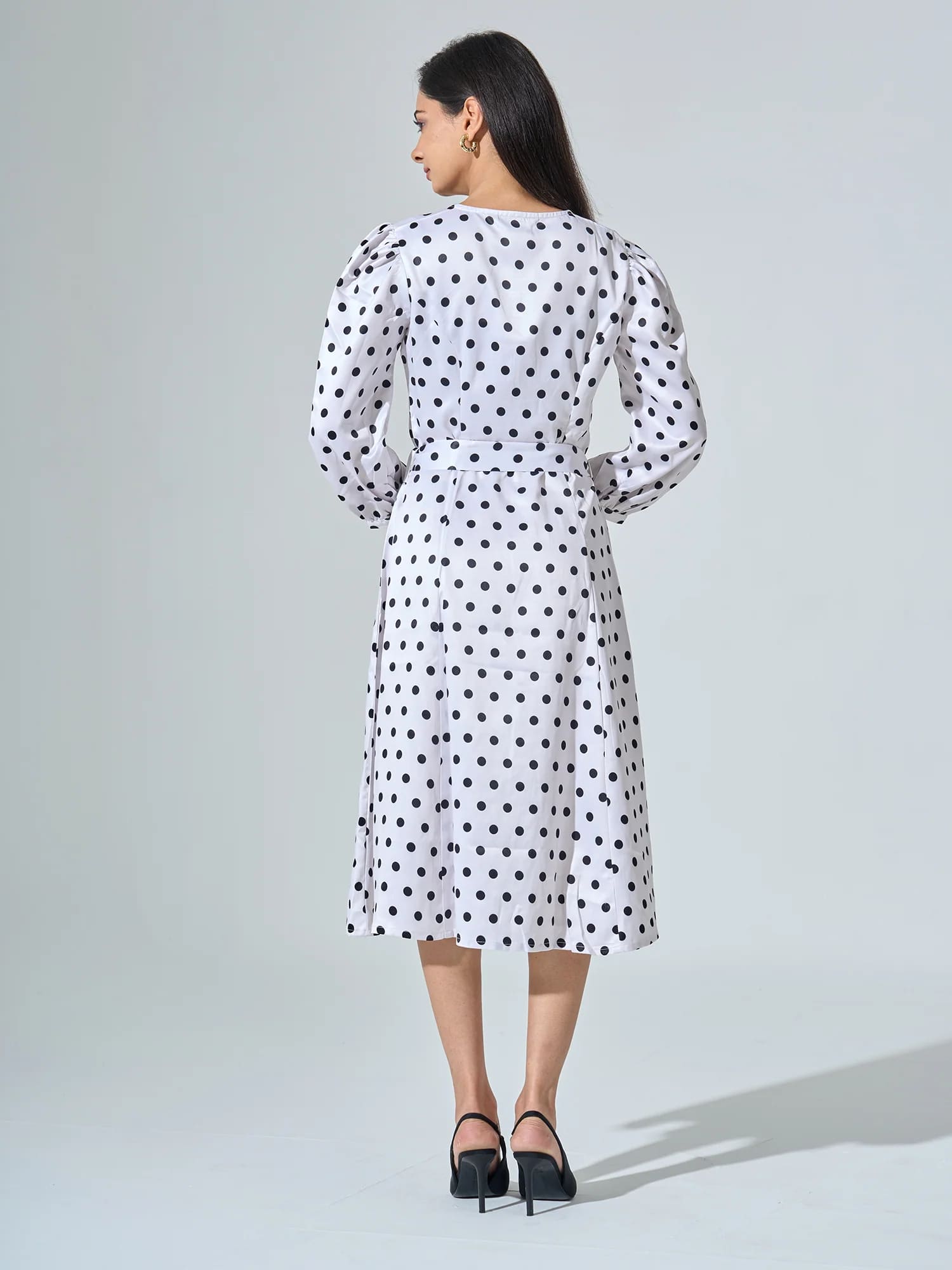 Lottie Polka Print Belted Dress - White Polka