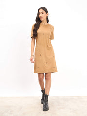 Macy Embellished Shift Dress - Camel/Beige