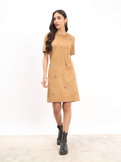 Macy Embellished Shift Dress - Camel/Beige