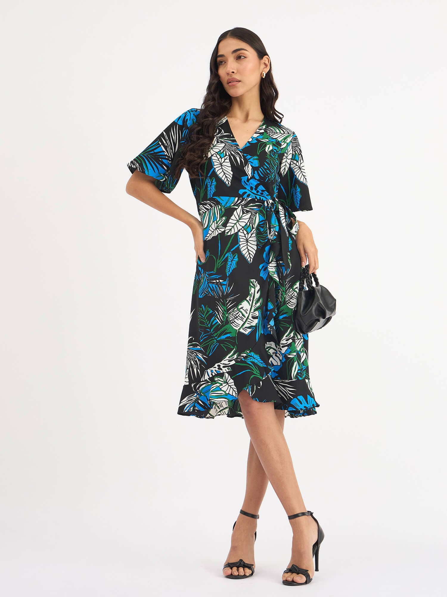 Mitsy Tropical Ruffle Detail Wrap Dress - Black