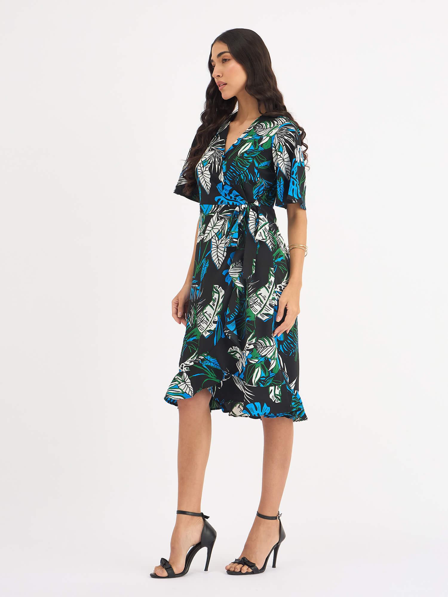 Mitsy Tropical Ruffle Detail Wrap Dress - Black