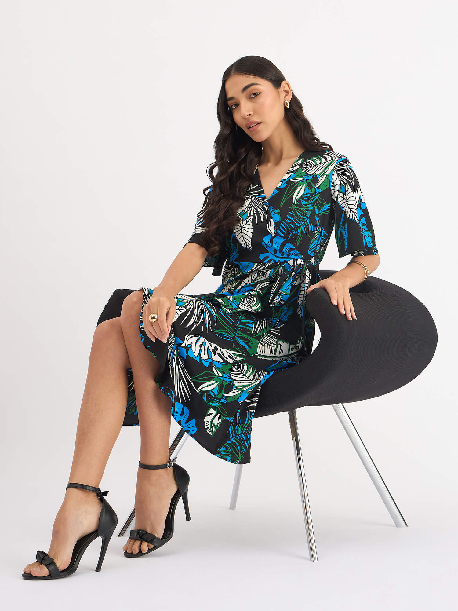 Mitsy Tropical Ruffle Detail Wrap Dress - Black