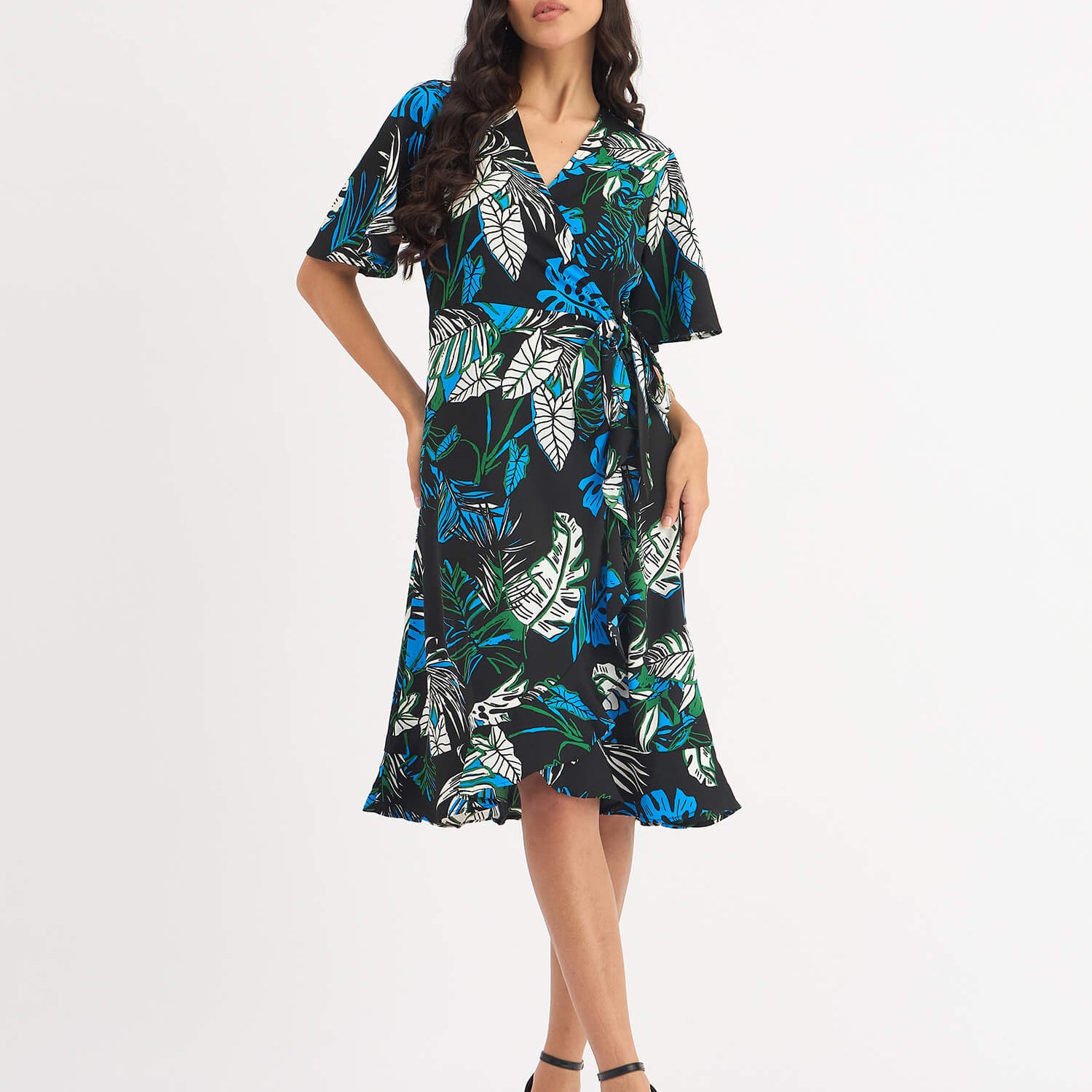 Mitsy Tropical Ruffle Detail Wrap Dress - Black