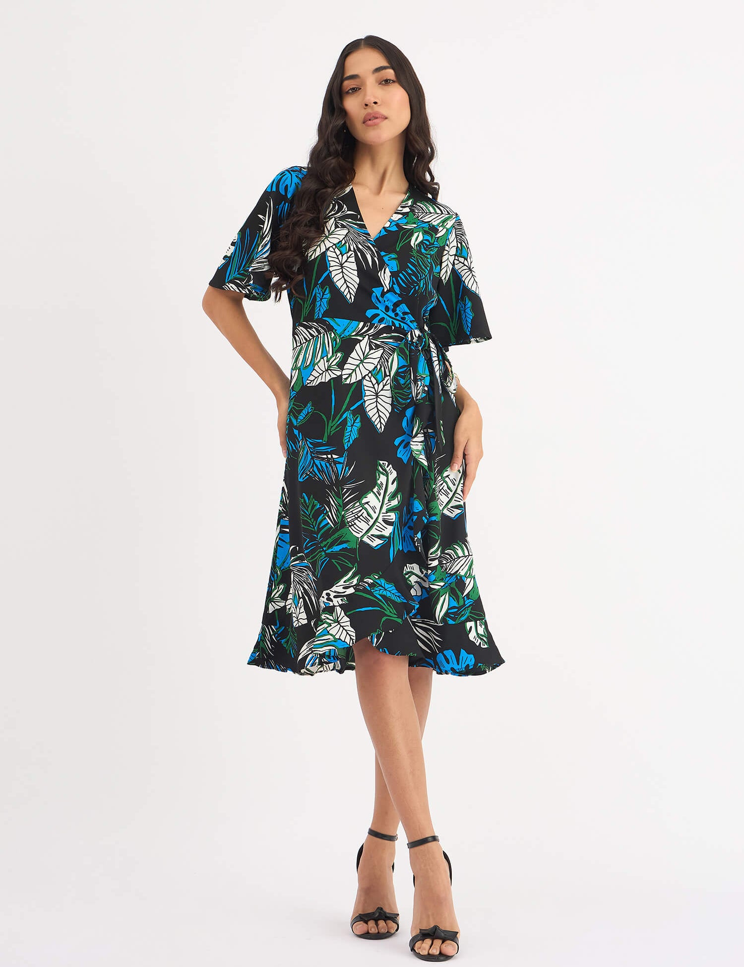 Mitsy Tropical Ruffle Detail Wrap Dress - Black