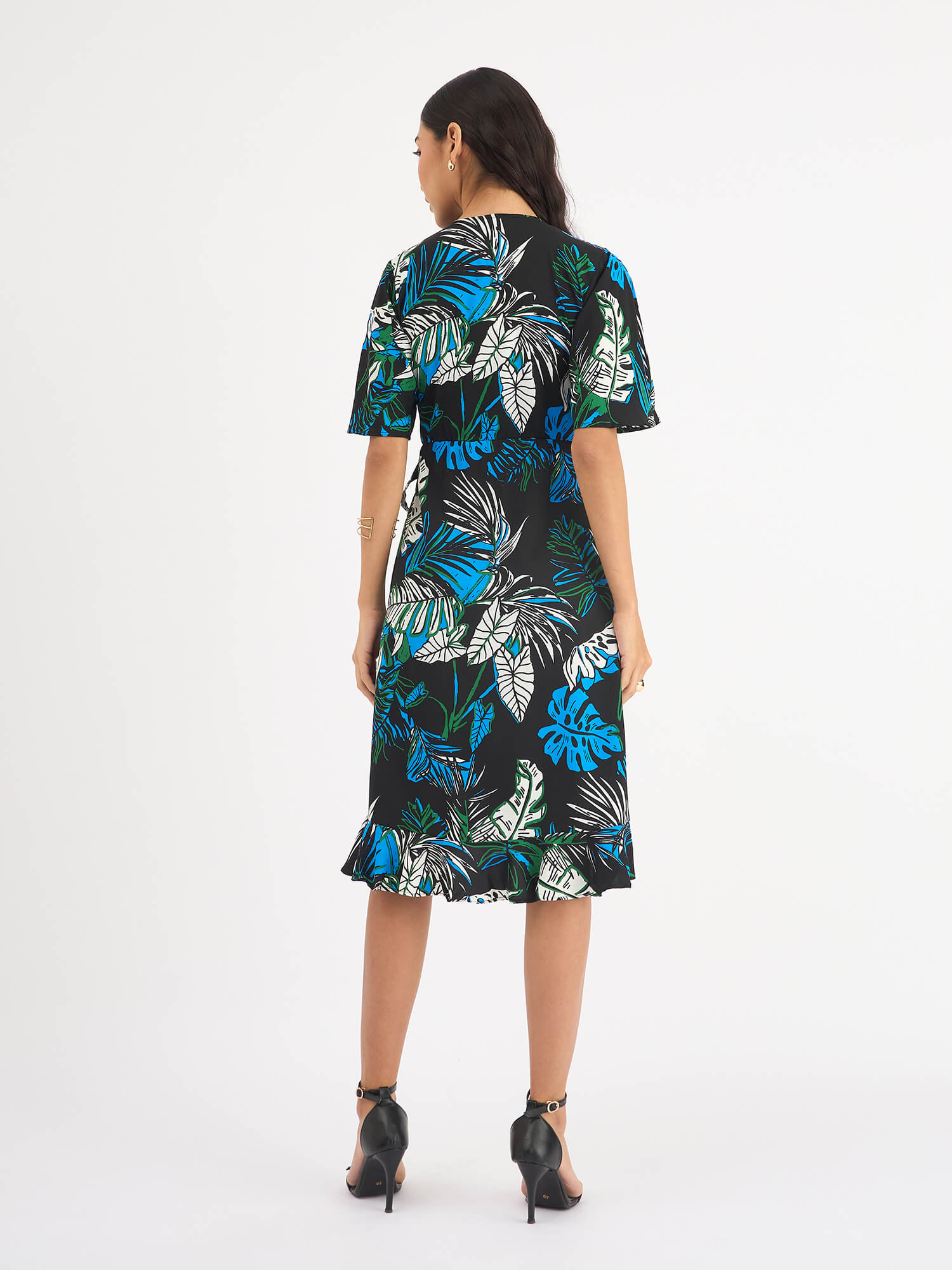 Mitsy Tropical Ruffle Detail Wrap Dress - Black