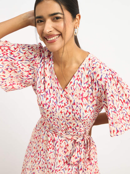 Solene Belted Faux Wrap Dress - Multicolor