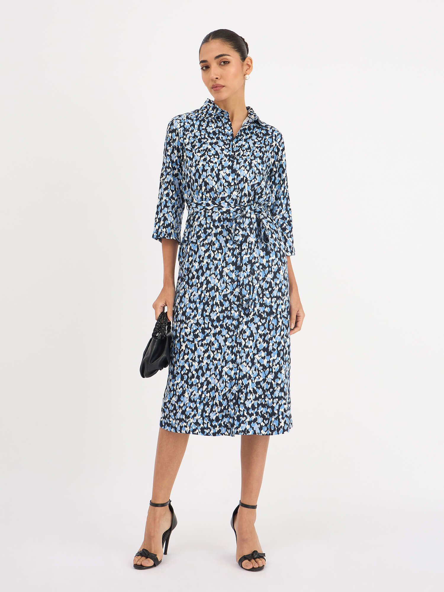 Lapis Tab Detail Belted Shirt Dress -Blue