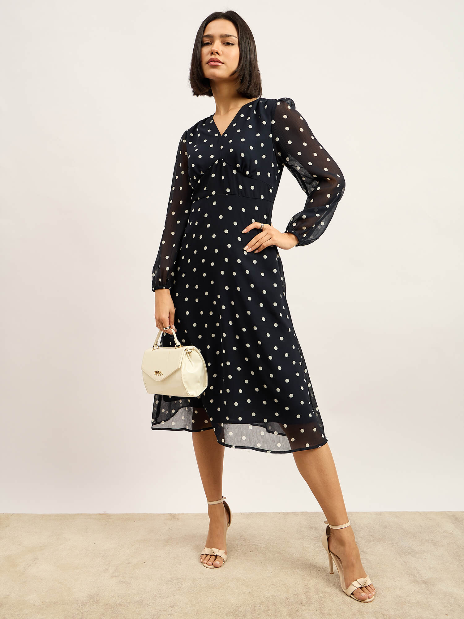 Marisa Empire Waist Midi Dress - Navy & White