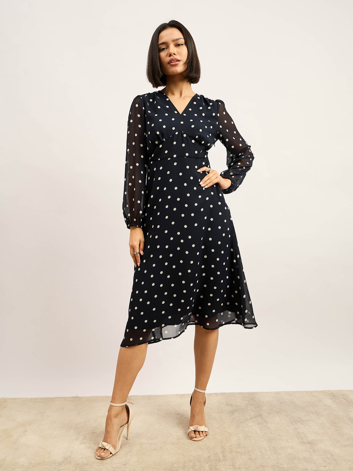 Marisa Empire Waist Midi Dress - Navy & White