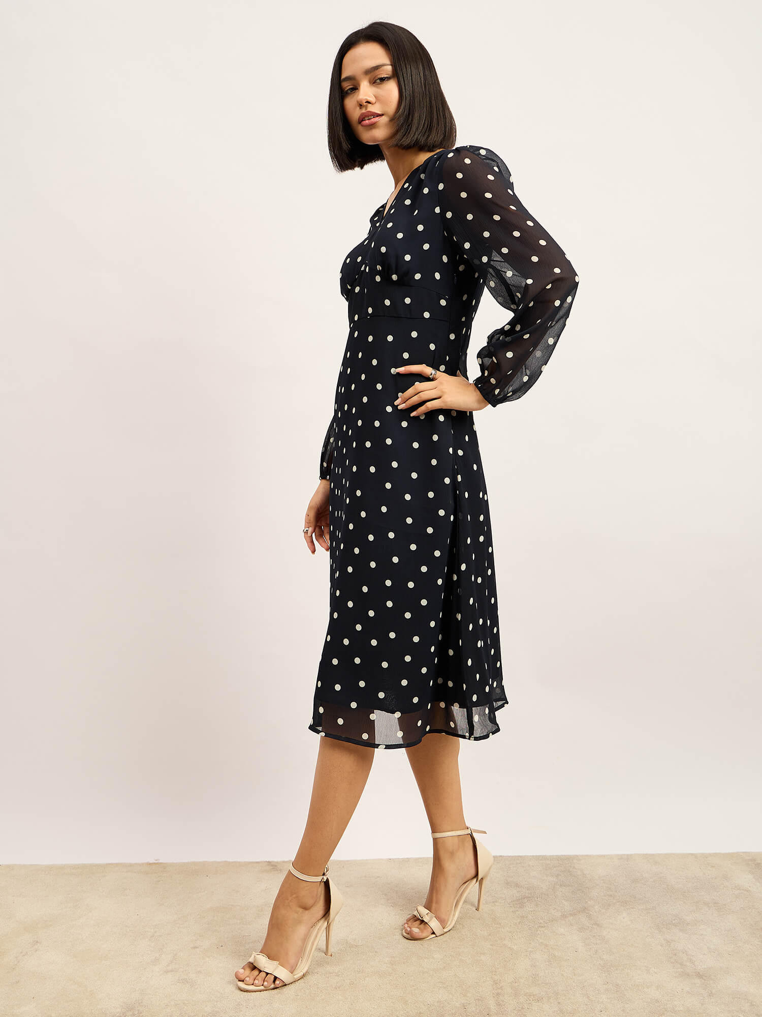 Marisa Empire Waist Midi Dress - Navy & White