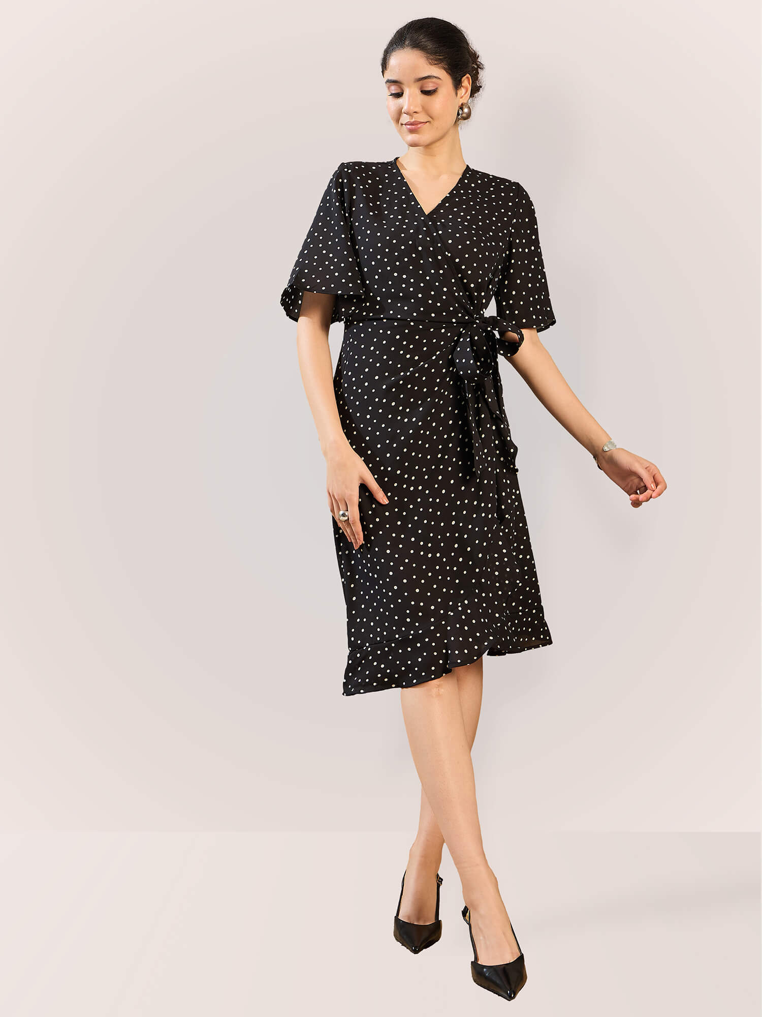 Mitsy Ruffle Detail Wrap Dress - Polka Black