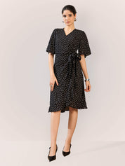 Mitsy Ruffle Detail Wrap Dress - Polka Black