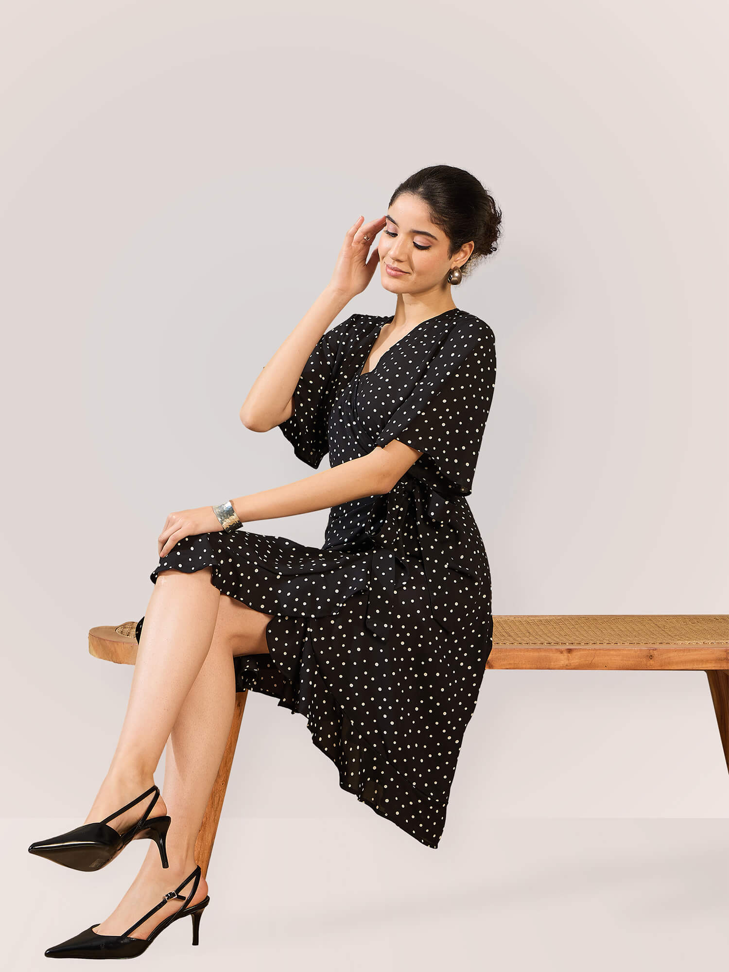 Mitsy Ruffle Detail Wrap Dress - Polka Black