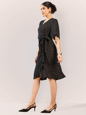 Mitsy Ruffle Detail Wrap Dress - Polka Black