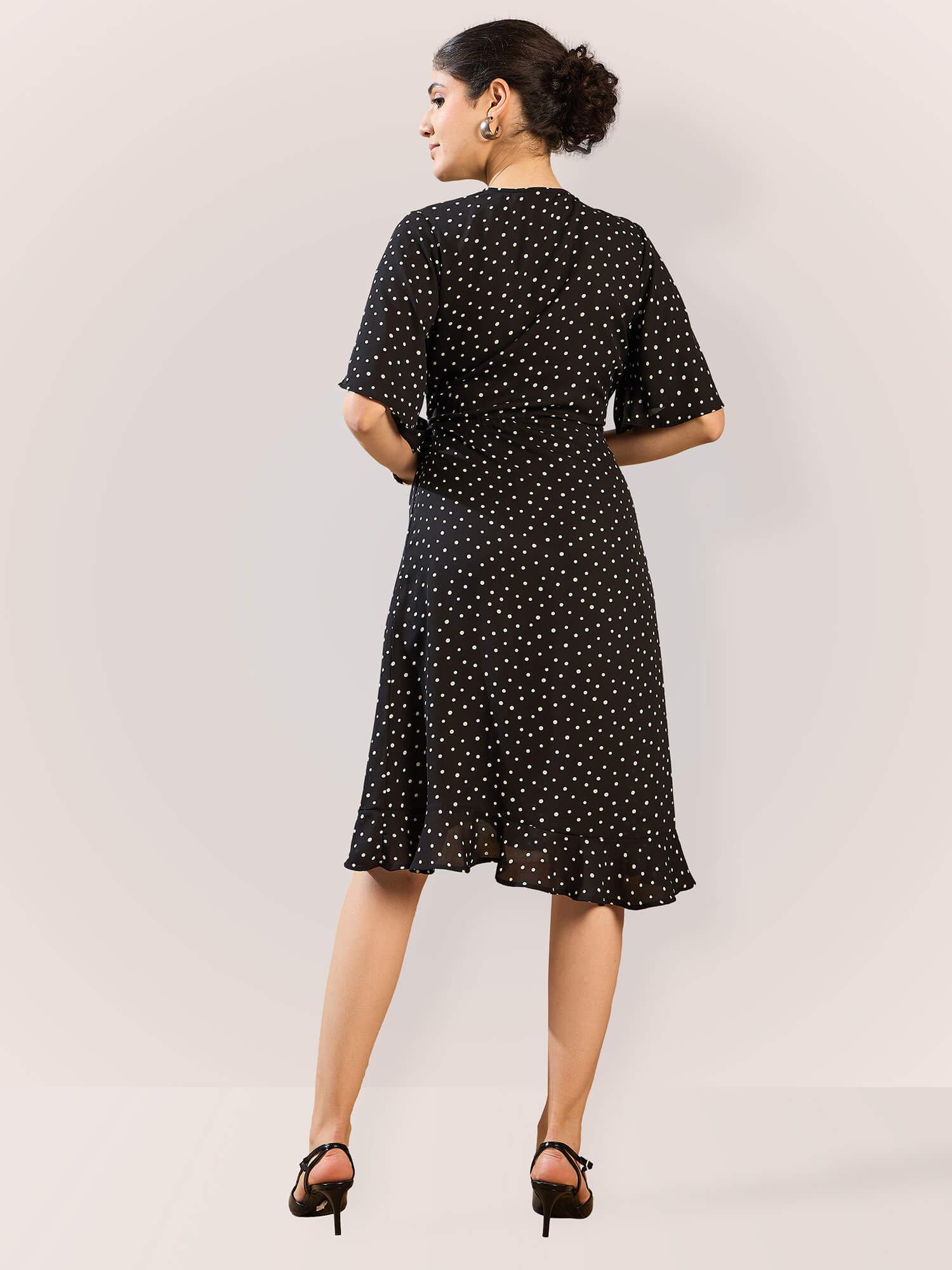 Mitsy Ruffle Detail Wrap Dress - Polka Black