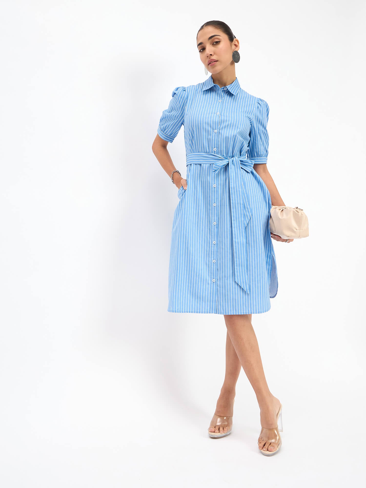 Bolt Stripe Puff Sleeve Shirt Dress - Blue